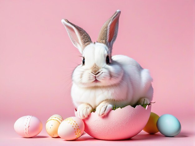 Dolce coniglietto di Pasqua che si schiude da un uovo di Pasqua rosa isolato su uno sfondo rosa pastello con spazio di copia