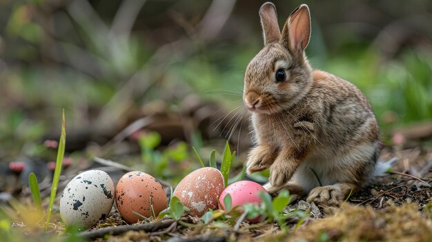 Dolce coniglietto di Pasqua nel giardino soleggiato con uova decorate