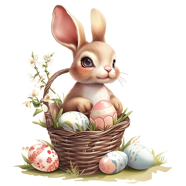 Dolce coniglietto di Pasqua seduto in un cesto con uova AI generativa