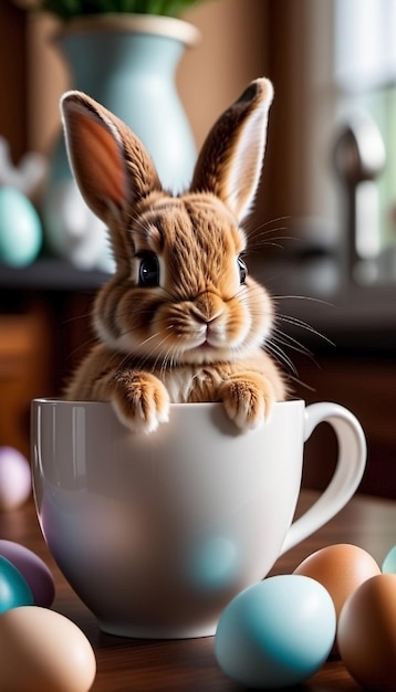 Dolce coniglietto di Pasqua seduto su una tazza alla ricerca di uova di Pasqua concetto di vacanze e tradizioni primaverili