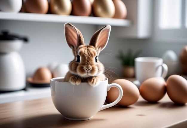 Dolce coniglietto di Pasqua seduto su una tazza alla ricerca di uova di Pasqua concetto di vacanze e tradizioni primaverili