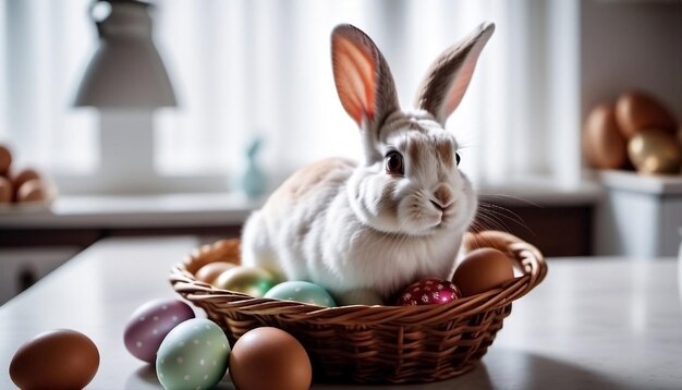 Dolce coniglietto di Pasqua seduto sul tavolo della cucina alla ricerca di uova di Pasqua concetto di vacanza e tradizioni