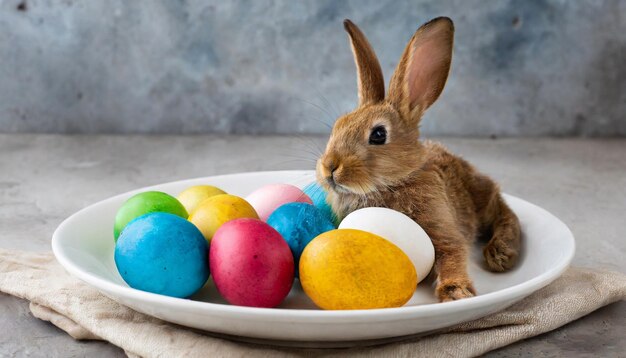 Dolce coniglietto e uova in piatto bianco Coniglio e uova colorate concetto di tema delle vacanze di Pasqua