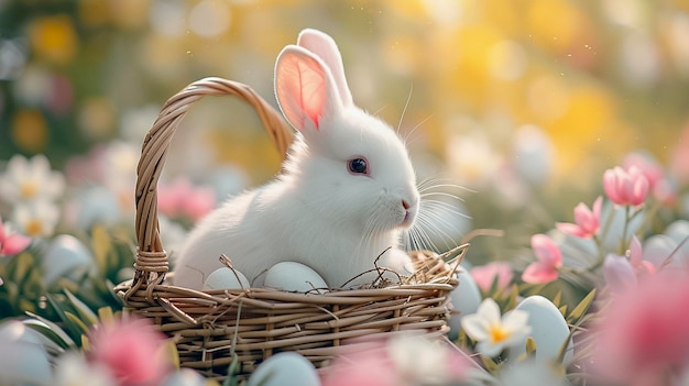 Dolce coniglio bianco e uova di gallina bianca in un cesto di vimini in un bellissimo prato di fiori