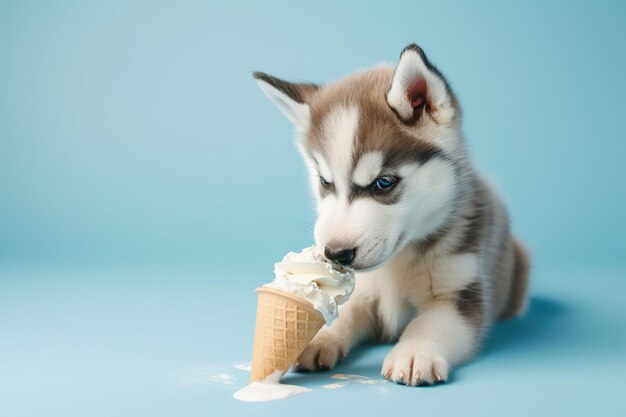 Dolce cucciolo di husky siberiano con il gelato sullo sfondo blu