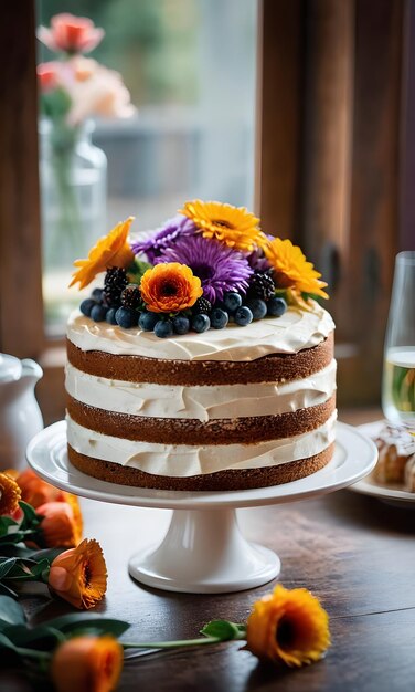 Dolce delizia di compleanno Fiori gialli sulla decorazione di una torta appena cotta