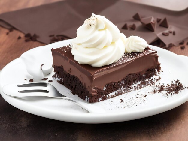 Dolce dessert al cioccolato su piatto con panna montata