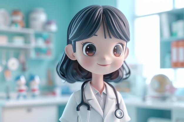 Dolce dottoressa dei cartoni animati con lo stetoscopio in piedi nella stanza dell'ospedale