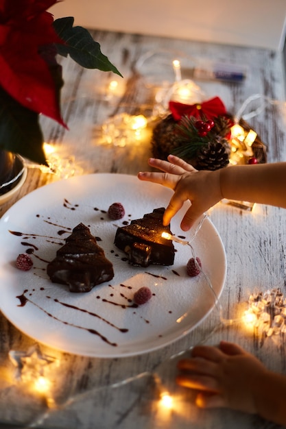 Dolce fatto in casa per l'albero di Natale. Torta natalizia al cioccolato su piatto in ceramica con decorazioni natalizie e luci come sfondo. Preparando per il nuovo anno e natale