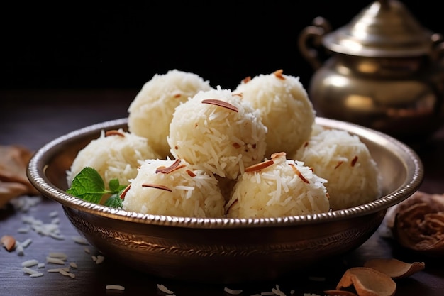 Dolce indiano Nariyal laddu o palline dolci di zucchero di cocco fatte con latte condensato