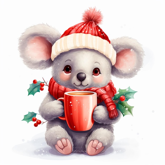 Dolce Koala con una tazza di caffè che si gode il Natale