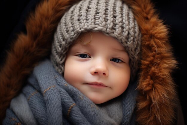 Dolce neonato caucasico sonnolento che indossa un berretto a maglia e avvolto in una coperta di pelliccia che guarda il ritratto del bambino della telecamera
