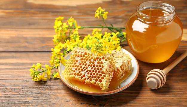 Dolce nido d'ape e barattolo di miele fresco con bastoncino e fiori di senape su tavola di legno