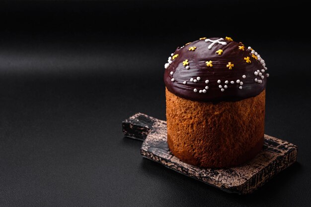 Dolce o panettone pasquale appena sfornato con copertura di cioccolato