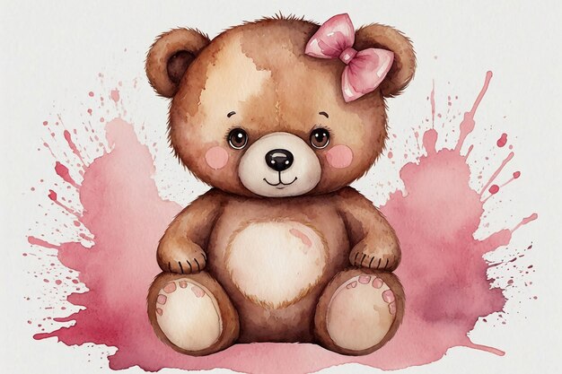 Dolce orsacchiotto con schizzi rosa illustrazione ad acquerello