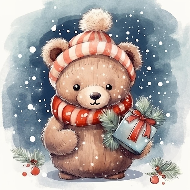 Dolce orsacchiotto con un cappello rosso a maglia e una sciarpa con un albero di Natale e fiocchi di neve Acquerello