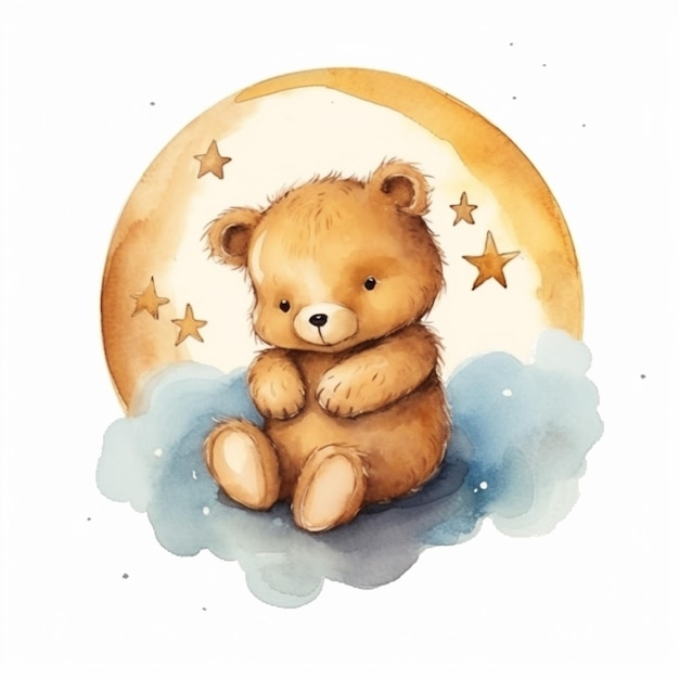 Dolce orsacchiotto seduto sulla luna Illustrazione ad acquerello