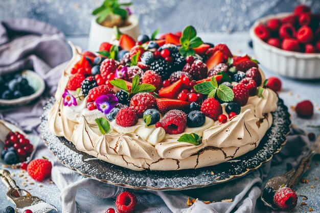 Dolce pavlova fatto in casa e rustico con bacche e meringue