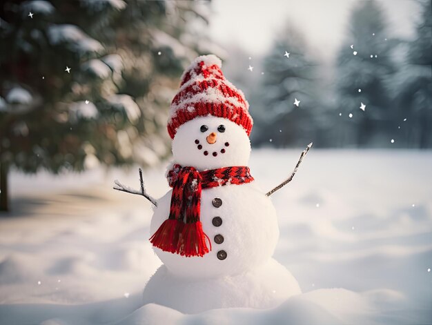 Dolce pupazzo di neve con un cappello rosso e una sciarpa in un paesaggio invernale