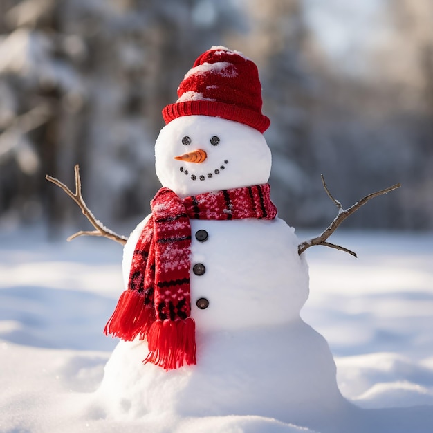Dolce pupazzo di neve fatto in casa con sciarpa e cappello racconto d'inverno sfondo invernale