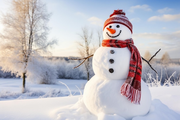 Dolce pupazzo di neve nella neve con cappello senta per buon Natale e festa di Capodanno carta da parati invernale AI