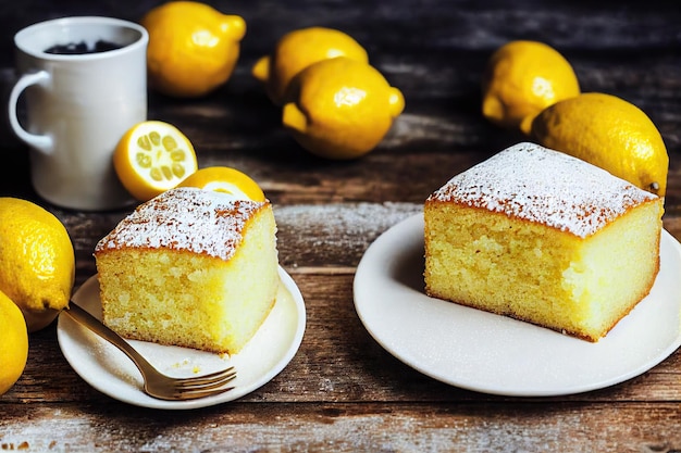 Dolce torta al limone fatta in casa con frutta e zucchero a velo sul piatto sul tavolo