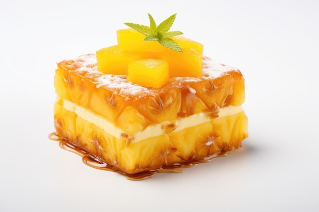 Dolce torta di ananas un sontuoso trattamento su uno sfondo bianco