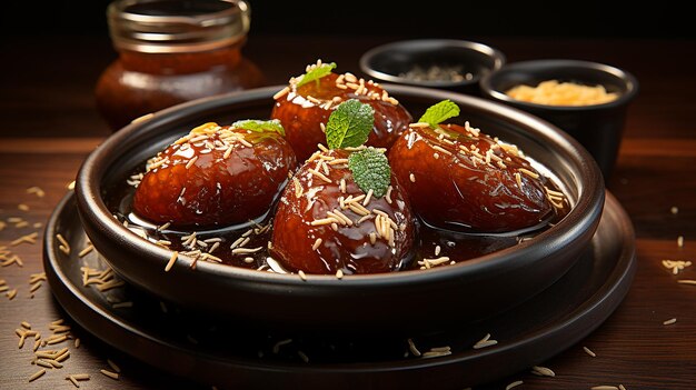 Dolcetto indulgente Gulab Jamun con sciroppo dolce e mandorle