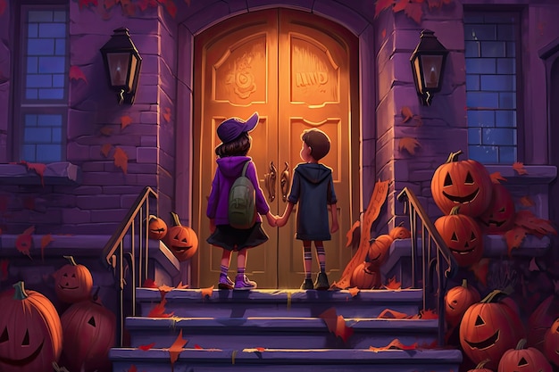 Dolcetto o scherzetto di Halloween illustrazione della porta dei bambini i bambini si trovano davanti alla porta