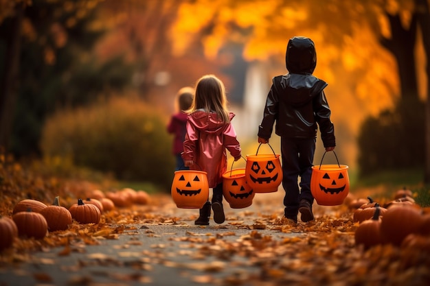 Dolcetto o scherzetto per bambini con i secchielli di caramelle JackOLantern ad Halloween