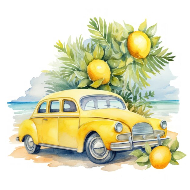 Dolcezza dell'estate in clipart acquerello per auto a tema limonata sulla soleggiata strada costiera