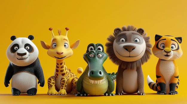 Dolci animali dei cartoni animati seduti in fila su uno sfondo giallo Gli animali sono un panda una giraffa un coccodrillo un leone e una tigre