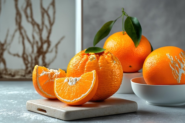 Dolci arance mature o mandarini con le loro bucce rimosse galleggianti o levitanti intorno a loro e pieni di vitamine sono esposti come uno spuntino nutriente su un tavolo di legno bianco davanti a un grigio