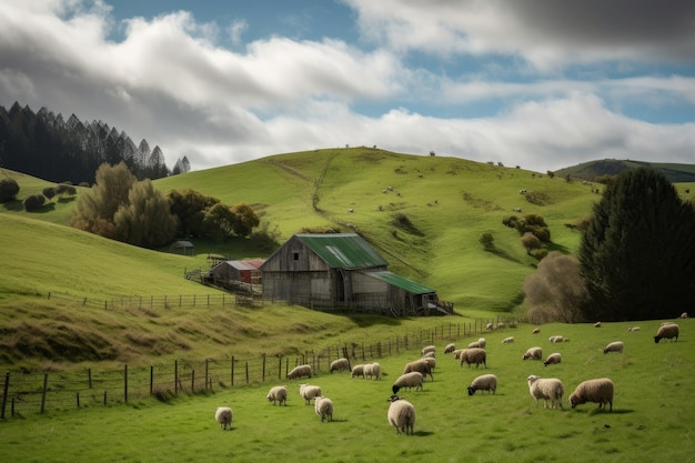 Dolci colline di verdi pascoli con un gregge di pecore al pascolo e un fienile rustico in lontananza