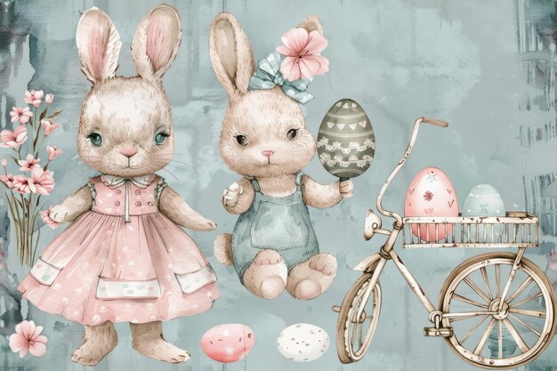 Dolci coniglietti di Pasqua Acquerello ornamento a disegno senza cuciture con uova color coniglio e gocciole di neve ba