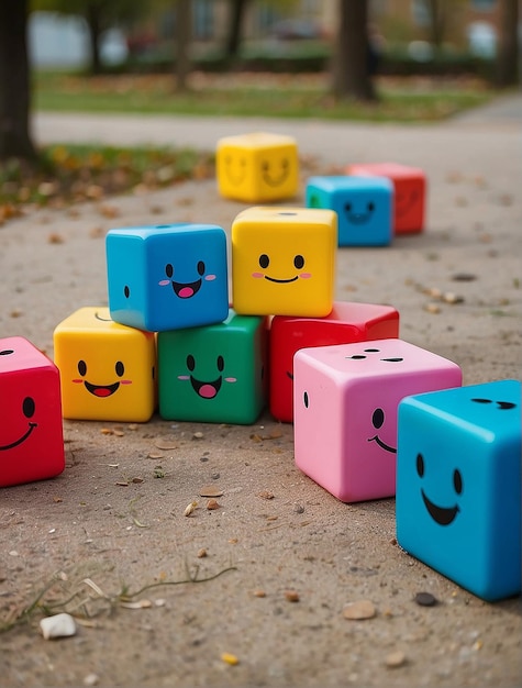 Dolci cubi colorati che rimbalzano sul terreno sorridendo mentre le loro braccia e gambe pendono fuori e giù