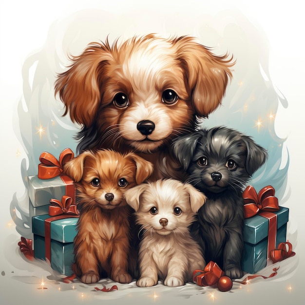 Dolci cuccioli e gattini con regali per le vacanze Regalo Illustrazione di cartoni animati Sfondio