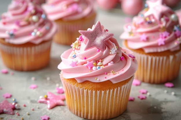 Dolci cupcake a tema principessa per una ragazzina decorati con stelle di zucchero AI generativa