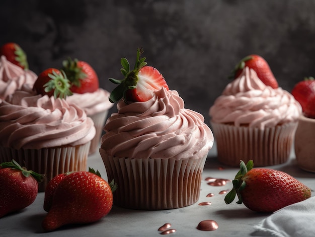 Dolci cupcakes rosa fatti in casa fragole AI generativa