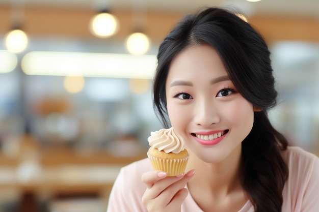 Dolci da pasticceria e panetteria in primo piano di una donna asiatica sorridente che morde cupcake con gioia