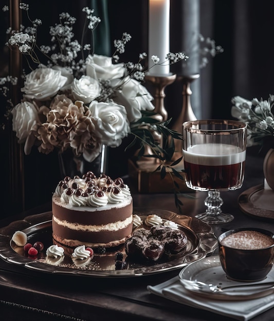 Dolci decadenti lussuosi dessert deliziosa torta e caffè Generativo Ai