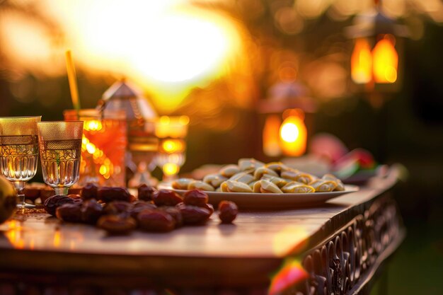 Dolci delicati e datteri pronti per l'iftar bagnati nella luce del tramonto