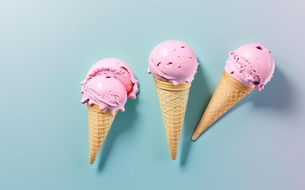 Dolci delizie in testa gelato rosa su sfondo blu pastello Concetto minimalista di cibo estivo