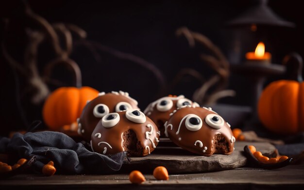 Dolci di Halloween su un tavolo con una zucca e una zucca spettrale sullo sfondo