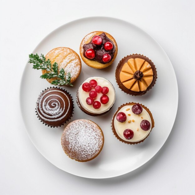 Dolci di Natale dolci e torte Un piatto di cupcakes con un piatto bianco con una bacca rossa su di esso