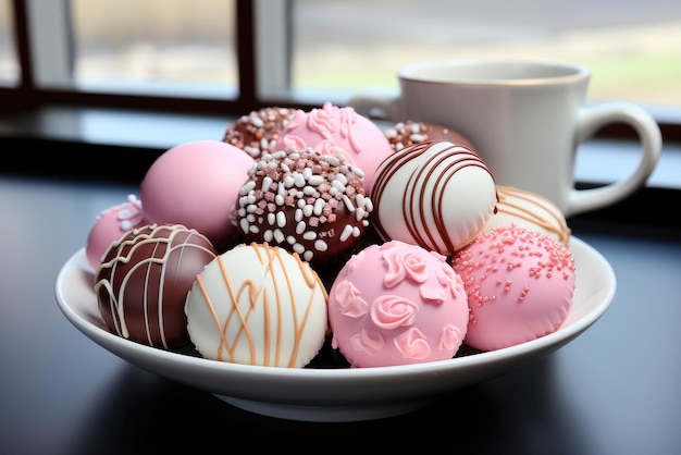 Dolci di San Valentino su un piatto sul tavolo con una tazza di caffè