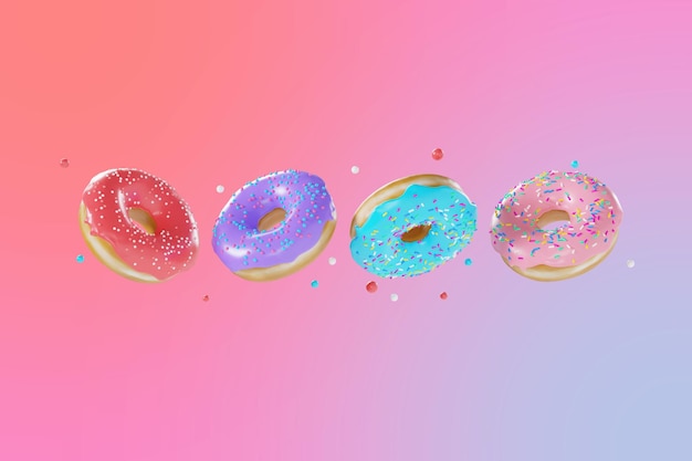 Dolci dolci colorati a ciambella con spruzzi di rendering 3d