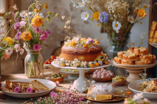 Dolci e torte colorate per la Pasqua su un tavolo festivo con fiori e decorazioni primaverili