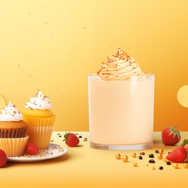 Dolci e torte e tazza carina su sfondo giallo morbido sfocato per design carino e alimentare