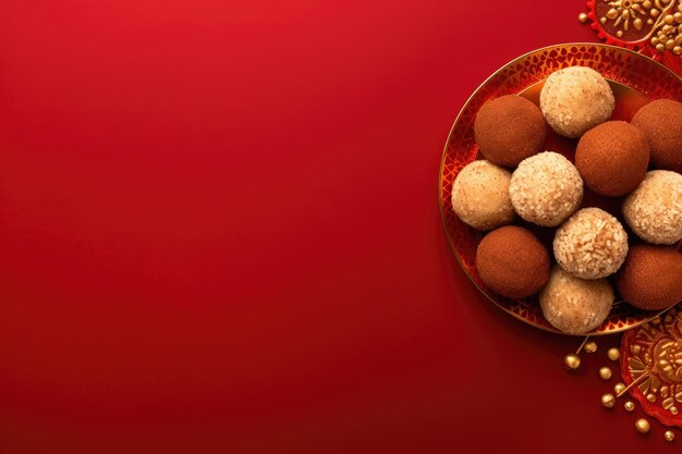 Dolci indiani laddu esposti per il festival su sfondo rosso con spazio di copia